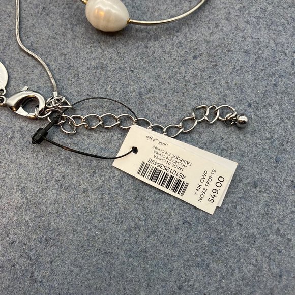 Chicos Y Drop Necklace NWT Bonus Bracelet Silver Organic Pearl Slinky Bangle - Picture 10 of 10